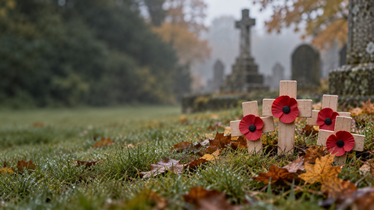 Wooden remembrance crosses with red poppies in an autumn cemetery